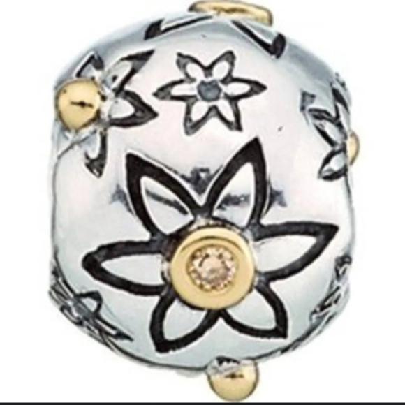 Pandora 14k Gold And Silver Flower Power charm w/ natural DIAMONDS RARE - Picture 3 of 7